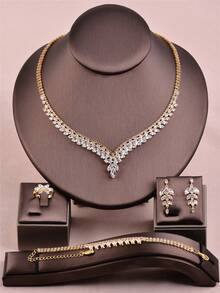 CORUIXI 1pc Women's V-Shape Zirconia Necklace Set, Luxury Fashion Silver Jewelry 4pcs Accessory Suitable For Wedding Party Prom Gift - Silver - View 17