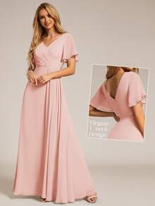 优雅蝴蝶袖褶裥开衩下摆藏蓝色伴娘礼服，正式晚礼服，适合婚礼，粉色系春季款 - 粉色 - 查看 6