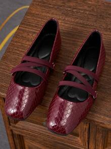 女士时尚方头酒红色鱼鳞纹套脚鞋，适合通勤、办公、派对、约会、婚礼、新年、情人节等场合，休闲百搭，优雅玛丽珍芭蕾舞鞋，配有松紧带 - 酒紅色 - 查看 1