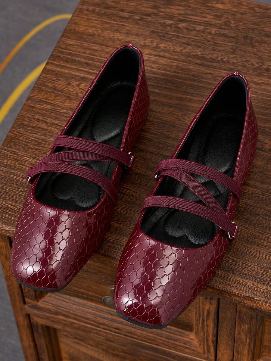 女士时尚方头酒红色鱼鳞纹套脚鞋，适合通勤、办公、派对、约会、婚礼、新年、情人节等场合，休闲百搭，优雅玛丽珍芭蕾舞鞋，配有松紧带 - 酒紅色 - 查看 1