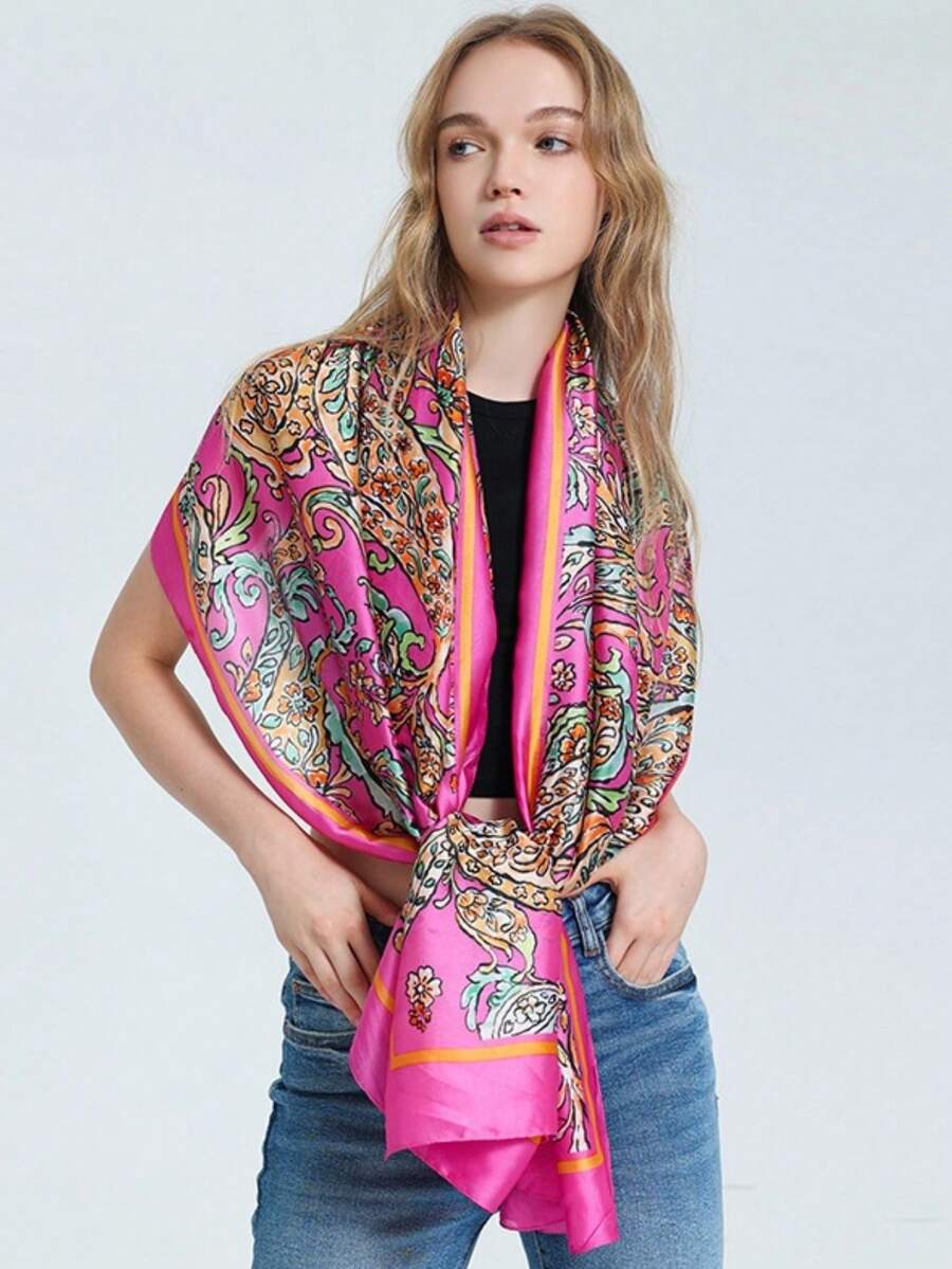1pc 180*90cm Large Silk Satin Scarf Hijab Women Print Spring New Shawl Wrap Female Hand Pashmina Travel - Multicolor - View 1