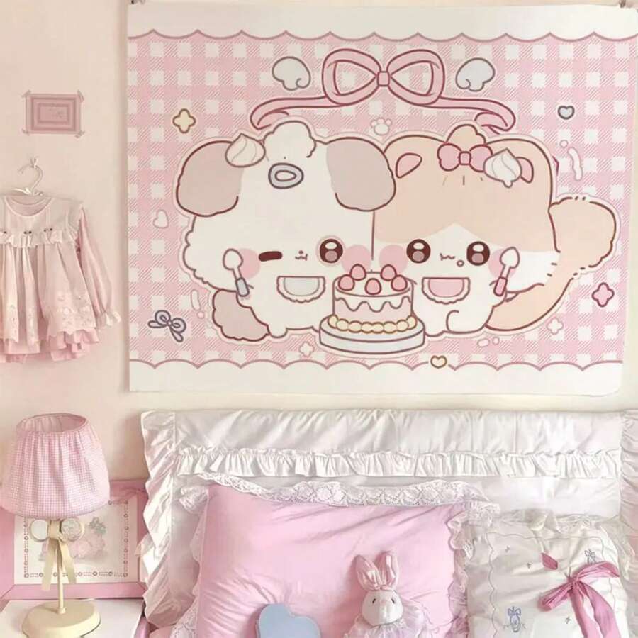An Adorable Laundry Rabbit Wall Hanging Cartoon Cute Creature Little Rabbit With A Background Cloth. Decorative Tapestry For Bed - gt-4 - Xem 1