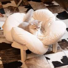 In Stock Wooden Petal Pet Bed Pad, Warm Winter Cat Bed For Small Dogs, Elegant Wooden Indoor Cat Bed, Soft Plush Cat Sofa Bed, Wooden Cat Climbing Frame, Round Wooden Cat Bed, Pet Supplies - White - View 9
