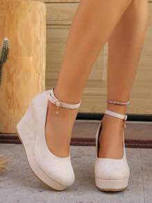Elegant Commuter One-Buckle Strap Wedge Heel Pumps, Versatile Low Vamp Women Shoes, New Arrival - Beige - View 4