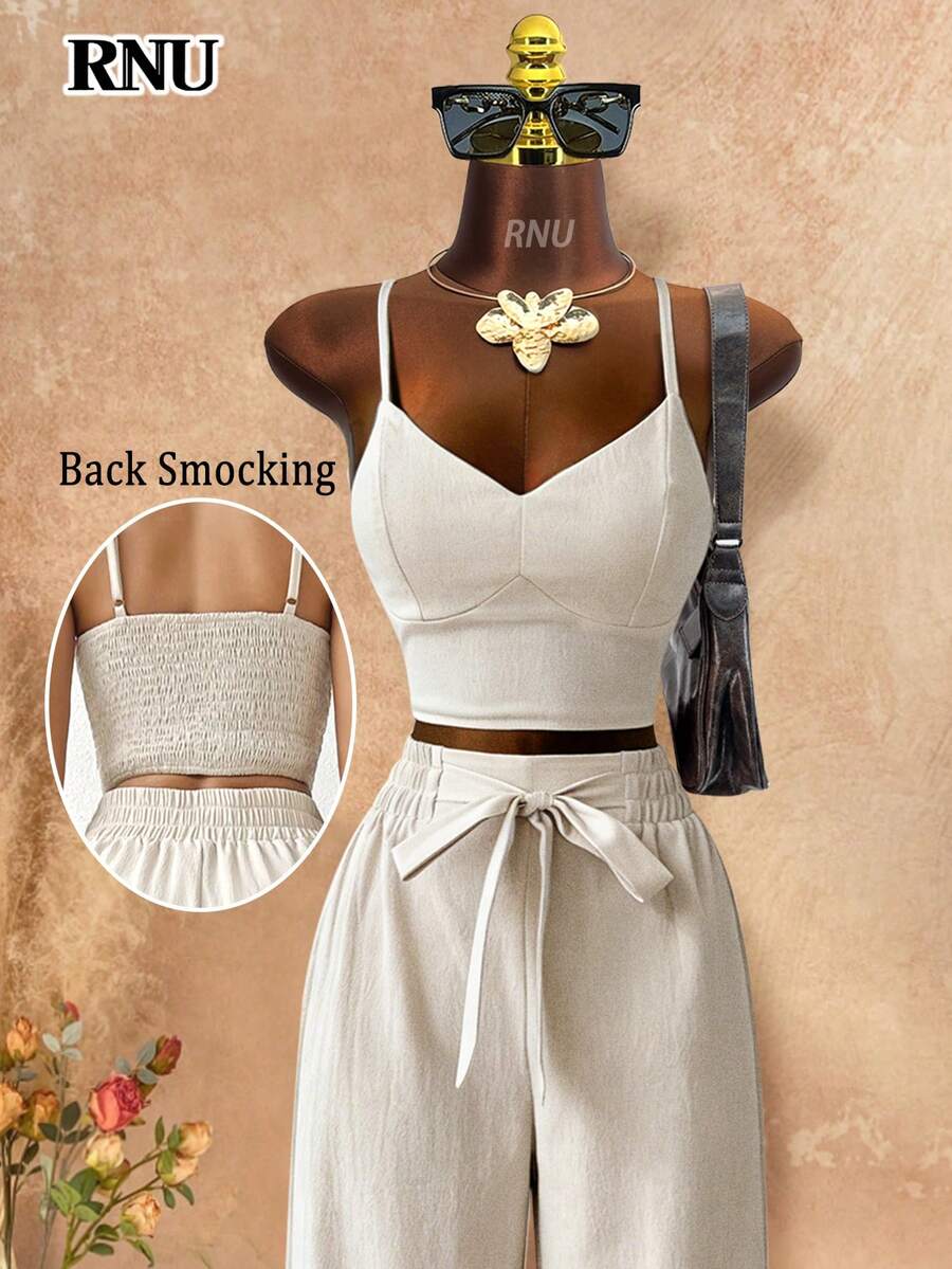 RNU Women's Apricot Elegant Gathered Bra Cup Bowknot Camisole Top, Paired With Elastic Waist Straight Leg Pants, 2-Piece Casual Outfit Suitable For Holiday, Beach, Valentine's Day, Commute, Office, Spring/Summer Wear