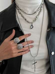 Irregular CCB Beaded Collar Necklace - Fashionable Metal Cross-Style Layered Long Necklace&Bracelet & Ring - Silver - View 12