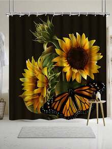 1/4 Pcs Sunflower & Butterfly Shower Curtain Set, Waterproof Shower Curtain With 12 Hooks, Non-Slip Bathroom Rug, U-Shaped Toilet Lid Cover, Toilet Seat Cover, Bathroom Decor, Bathroom Curtain Set - Multicolor - View 13
