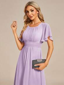 Women's Spring Elegant Ruffle Sleeve Floral Print Chiffon Light Purple Bridesmaid Dress, Formal Dress For Wedding Guest - Mauve Purple - View 8