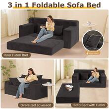 Convertible Sofa Bed, Loveseat Folding Floor Futon Sleeper Sofa Couch Bed- Full Size Boneless Foldable Couch, Corduroy Pull Out Sofa Bed With 2 Pillows For Living Room & Bedroom - 黑色 - 查看 4