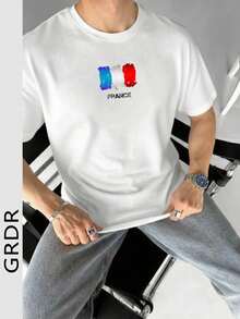 GRDR 男士夏季法式元素印花圆领短袖T恤，休闲款 - 白色 - 查看 2