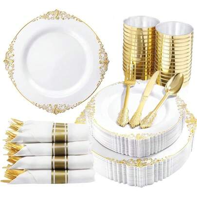 Host 50 Guests In Style With This 350-Piece Gold Plastic Dinnerware Set, Including 100 Disposable Plates, 150 Silverware Pieces, 50 Cups, And 50 Napkins, Perfect For Elegant Weddings, Parties, Or Any Special Occasion.
