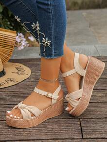 1 Pair Thick Sole Platform Sandals Suitable For Teenagers In Summer, Fashionable Slip-On Chunky Heel Lightweight Comfortable Minimalist Open Toe Platform Sandals, Suitable For Daily Outings, Vacation, Casual, Beach Wear - Apricot - View 4