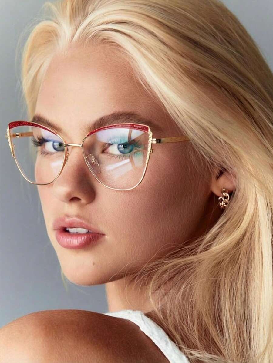 1副女士猫眼金属弹簧腿水钻亮片复古时尚平底眼镜 - 彩色 - 查看 1