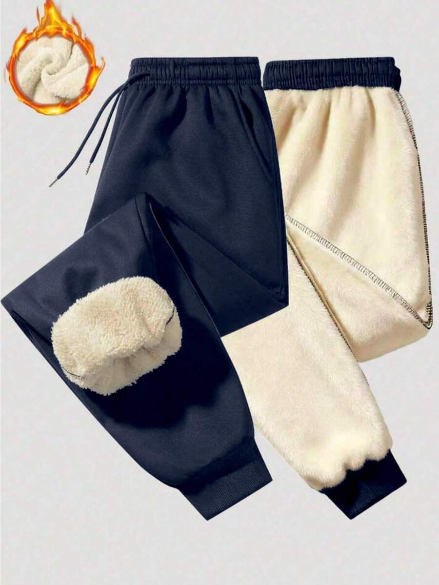Pantalon de jogging pour femmes avec doublure thermique, pantalon de survêtement décontracté avec cordon de serrage pour temps froid, convient pour les collants d'automne/hiver - Bleu marine - Voir 1