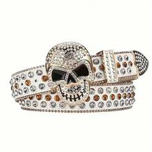 [Subculture Punk Belt] Punk Style Rhinestone Skull Studded Denim Belt| 1pc Subculture Street Decoration - Đỏ - Xem 5