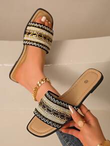 NANBEI ZUO Women's Flat Square Toe Woven Strap Black House Slippers, Simple Indoor Versatile Lightweight Casual Sandals, All-Match Household Slipper - Black - View 2