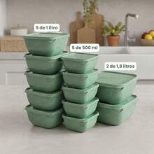 Set Of 12 Square Plastic Containers In Various Colors – Kitchen Organizer With Lids (5*500 Ml, 5*1 L, 2*1.8 L) - Mint Green - View 2