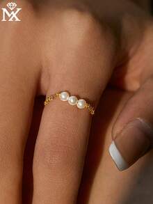 SYMFNY 1枚925纯银天然淡水珍珠精致软链戒指，优雅法式风格，女士生日/周年纪念礼物 - 金黃色 - 查看 5