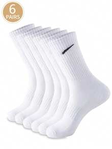 6 Pairs Men's White Solid Color Mid-Calf Socks, Versatile And Breathable - White - View 4
