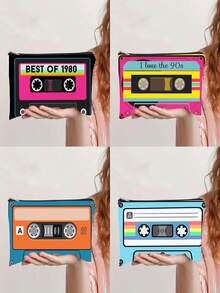 50.32米混音带图案内衬收纳袋，复古磁带造型化妆包，旅行收纳袋，多功能整理袋，适用于化妆品、洗漱用品、护肤品、珠宝、充电线、文具等，是80年代复古文化爱好者的理想之选。 - 彩色 - 查看 1