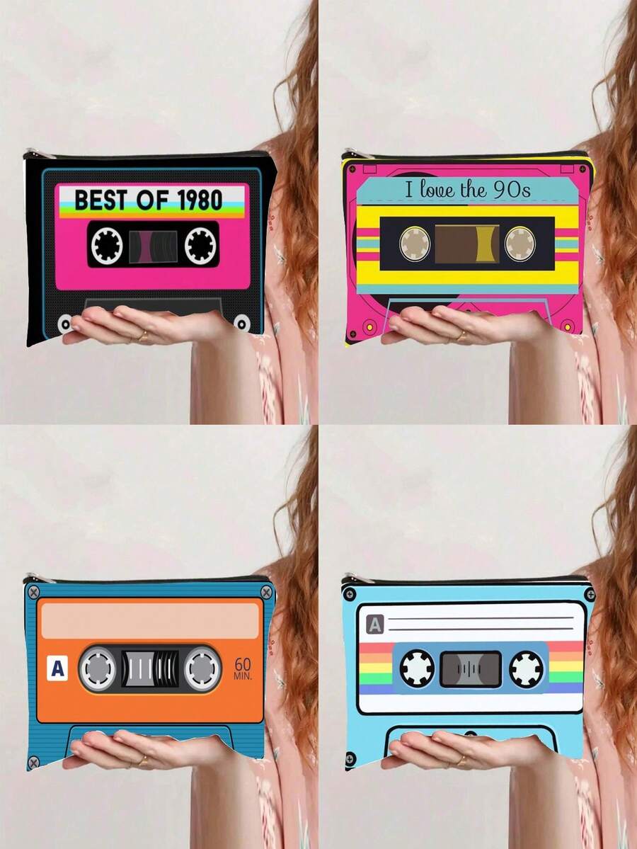 50.32米混音带图案内衬收纳袋，复古磁带造型化妆包，旅行收纳袋，多功能整理袋，适用于化妆品、洗漱用品、护肤品、珠宝、充电线、文具等，是80年代复古文化爱好者的理想之选。 - 彩色 - 查看 1