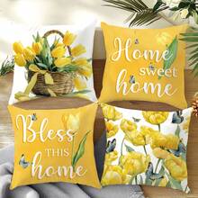 Bộ 4 vỏ gối đơn giản họa tiết hoa tulip vàng và bướm "Ngôi nhà ngọt ngào", in một mặt, chất liệu nhung màu đào, kích thước 45*45/50*50/40*40CM, thích hợp trang trí nội thất nhà hiện đại với ghế sofa, tiệc tùng hoặc làm quà tặng. - Nhiều màu - Xem 10