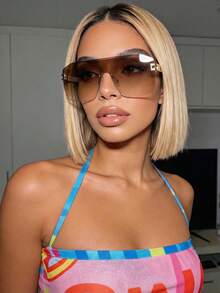 超大号盾形无框时尚眼镜，男女皆宜的Y2K街头风格，适合户外、旅行、海滩、休闲场合，夏季佩戴 - 香檳色 - 查看 1