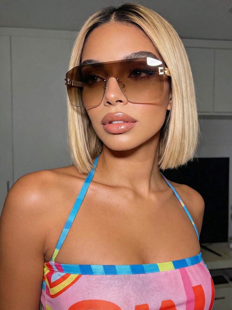 超大号盾形无框时尚眼镜，男女皆宜的Y2K街头风格，适合户外、旅行、海滩、休闲场合，夏季佩戴 - 香檳色 - 查看 1