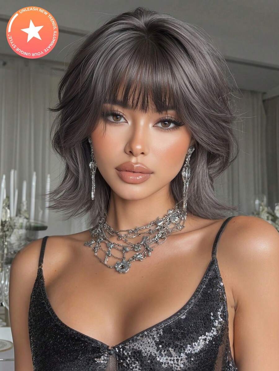 14 Inch Gray Bobbed Wig With Bangs, Heat Resistant Y2K Style Wig For Women, Suitable For Parties And Cosplay - Dark Grey - View 1
