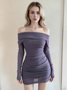 Elegant Purple Glitter Party Dress, Off Shoulder Ruched Fitted Style, Valentine's Day Outfit, Shiny Spring Dress For Women - Purple - View 7