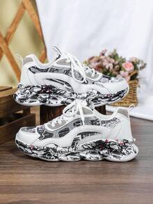 Stylish Women's Sneakers, Suitable For Dresses, Pants, All Seasons, Breathable And Comfortable, Neon Green And Colorful White Design, Low-Top Round Toe Thick Sole Lace-Up Casual Walking Shoes, Great For Parties, Holidays, Gifts, Couples - White and Black Camouflage - View 5