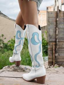 Women's Bowknot Western Style TPU Side Zipper Embroidered Fashion Boots, Pointed Toe Slim High Heel Sexy Over-The-Knee Boots, Suitable For Holidays And All Seasons - Baby Blue - View 5