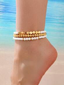 3件套时尚波西米亚风串珠脚链，金属三层叠层白色软陶瓷珍珠脚链套装，少女假日风，春夏新款，个性化定制，欧美风格 - 彩色 - 查看 1