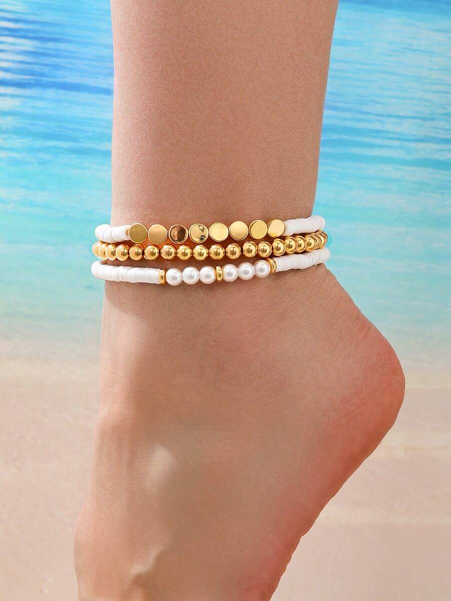 3件套时尚波西米亚风串珠脚链，金属三层叠层白色软陶瓷珍珠脚链套装，少女假日风，春夏新款，个性化定制，欧美风格 - 彩色 - 查看 1