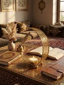 一套大型铁艺新月形烛台。节日装饰，星月灯笼造型，防风玻璃烛台。适合日常家居环境，例如书桌角落。 - 金色 - 查看 9