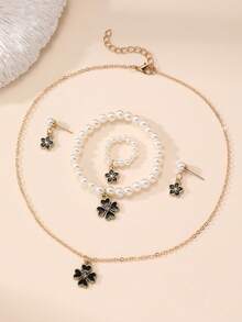 5入組女孩花朵＆珍珠項鍊、耳環、戒指、手鍊套裝