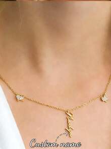 Customized White Zirconia Crown Name Necklace, Stainless Steel Plated Letter Pendant Necklace, Suitable As Gift For Women And Girls - Butterfly Necklace - View 6