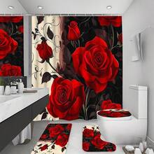 1/3/4 Pcs Red Rose Pattern Bathroom Set, Waterproof Knitted Polyester Curtain With Grommets, Machine Washable, Artistic Theme, Includes Toilet Lid Cover And Bath Mat, 72x72 Inches, With 12 Hooks - Multicolor - View 7