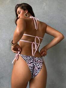 2pcs Women's Sexy Leopard Print Spaghetti Strap Backless Bikini Top With Drawstring, Contrast Color Tie Side Bikini Bottom, Beach Swimsuit Set, Suitable For Summer And Vacation - Black - View 3