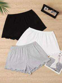 3pcs Set Spring/Summer Minimalist Ruffle Hem Shorts & 3pcs Set Solid Color Comfortable Lounge Pants - Multicolor - View 1