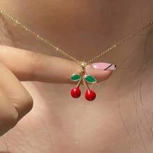1pc Cherry Necklace, Cute Cherry Fruit Pendant Necklace, Red Cherry Necklace, Women's Summer Pendant Necklace - Gold - View 1