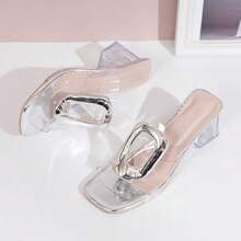 Tacones altos de punta cuadrada para mujeres, casuales y versátiles, con hebilla metálica y tacón de cristal - Plateado - Ver 3