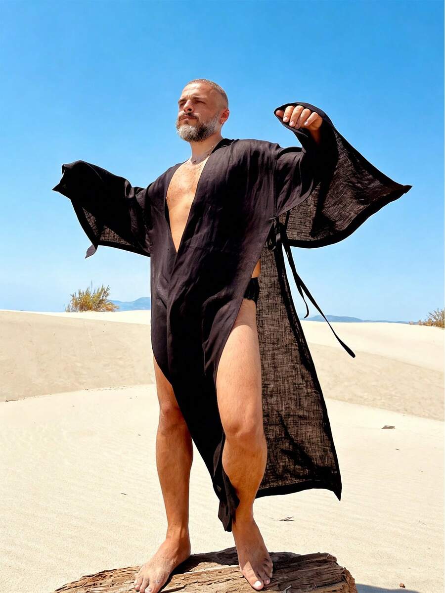 Men's Solid Black Open Front Robe - Minimalist Style, Loose Fit Long Robe, Lightweight Suitable For Desert Vacation, Bohemian Adventure And Outdoor Leisure, Gift For Men - Black - View 1