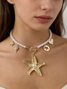 1 pieza Collar con colgante de estrella de mar de acero inoxidable con cierre de T, diseño de perla falsa, adecuado para mujeres en verano y viajes (no incluye caja de joyería) - estrella de mar - Ver 13