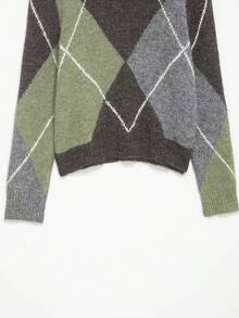 女士复古菱格纹V领长袖针织套头衫，学院风，暗黑学院风上衣 - 橄欖綠 - 查看 7