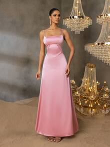 Faeriesty Đầm dạ hội thanh lịch với dây đeo mảnh, lưng hở, khóa kéo ở eo, kiểu dáng thướt tha, phù hợp cho chụp ảnh cưới, lễ cưới, kỷ niệm lãng mạn, tiệc tối trang trọng, sự kiện thảm đỏ, màu hồng mùa xuân. - Hồng - Xem 5