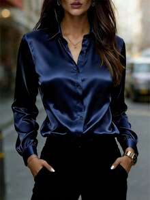 Áo sơ mi dài tay cổ bẻ bằng satin dành cho nữ, kiểu dáng thanh lịch bằng polyester, thích hợp cho kỳ nghỉ xuân. - Màu xanh lam - Xem 4