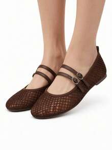 女士网布搭扣平底鞋，新款圆头休闲芭蕾舞鞋，百搭 - 棕色 - 查看 2