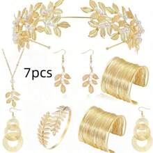 5pcs Greek Goddess Style Costume & Accessories Set, Including Leaf Crown, Headband, Bracelet, Earrings, Bridal Headpiece, Halloween Theme - Multicolor - View 6