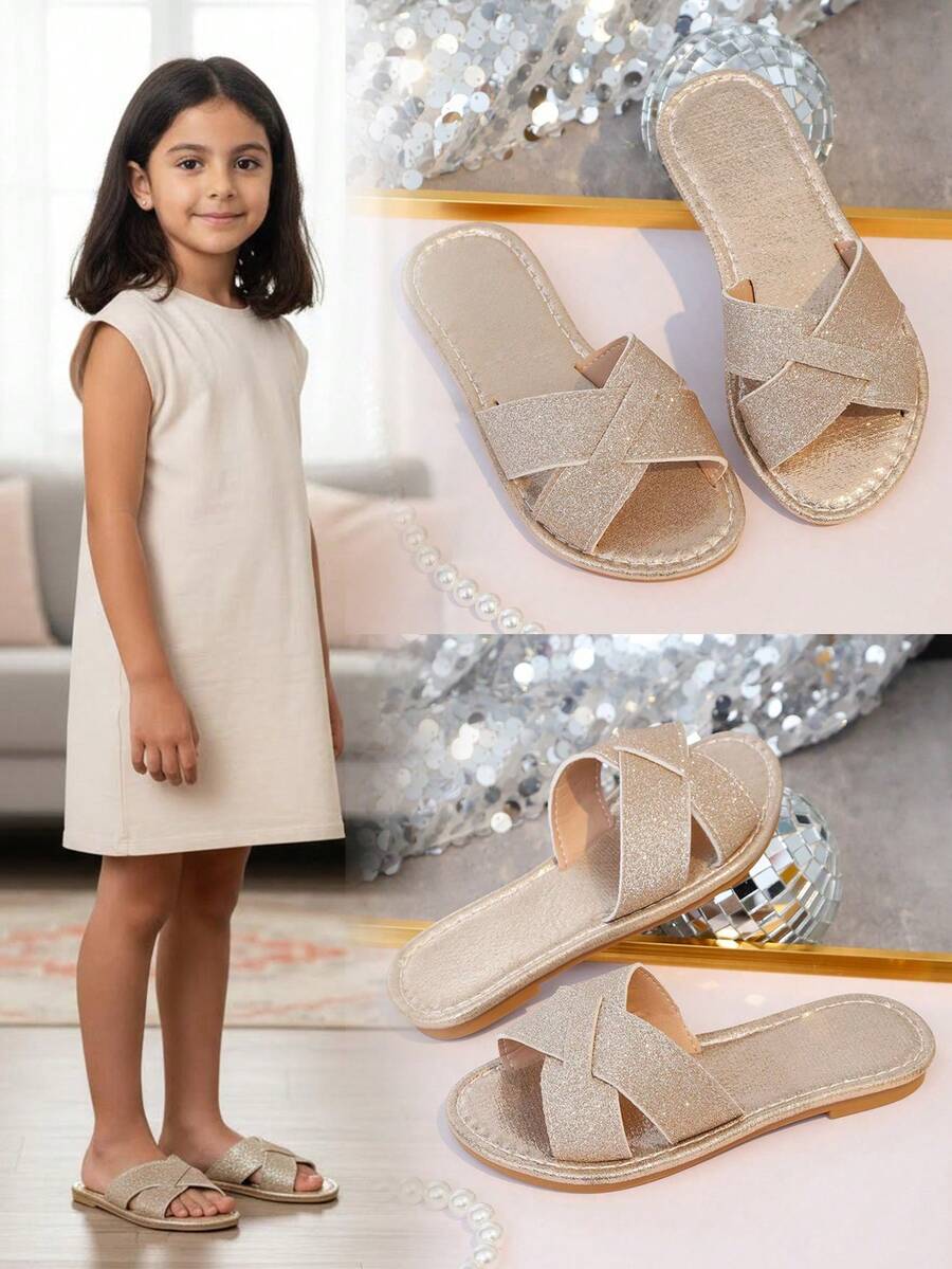 1双亮金色幼儿/儿童平底凉鞋，柔软编织面料，经典露趾设计，防滑鞋底，时尚公主风，适合海滩、派对、度假、室内/室外穿着，2026春夏款 - 玫瑰金 - 查看 1